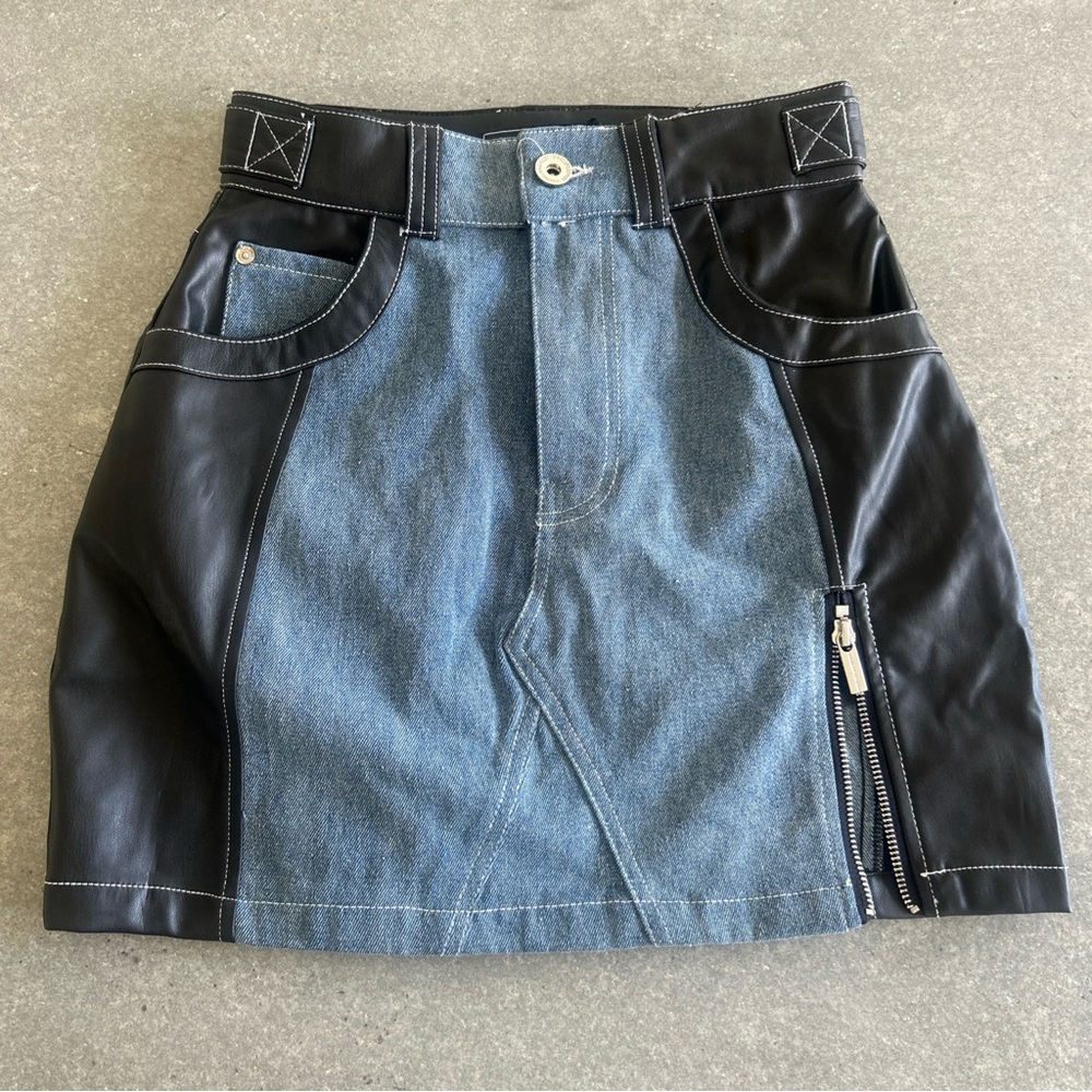 Denim and Black Leather Mini Skirt size 4